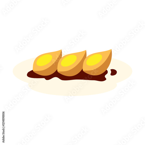 Three egg yolks on toast with sauce.