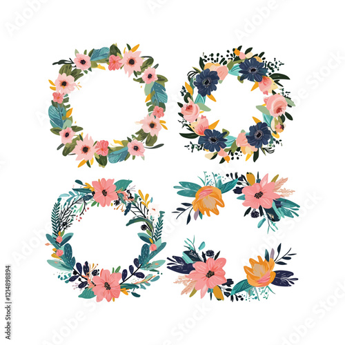 Floral Spring Wreath illustration Clipart on a white Background