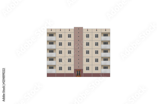 Prefabricated five-storey panel apartment building is lined with beige tiles is isolated. The house has balconies.