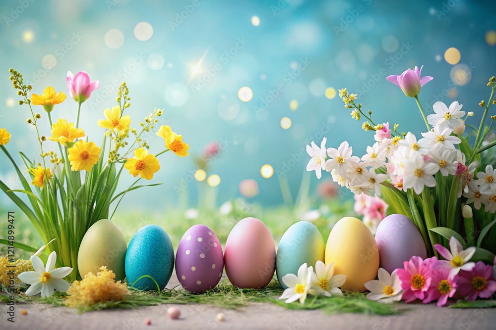 Fototapeta premium Elegant Easter Decor: Pastel Spring Flowers & Eggs for Spring Holiday Stock Photo