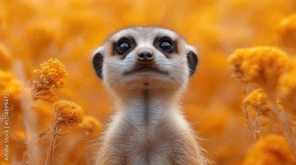 Fototapeta premium Close up portrait of a meerkat standing amongst a field of yellow flowers