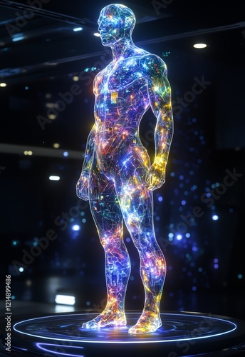 Abstract Human Figure with Colorful Light Patterns and Digital Technology Elements