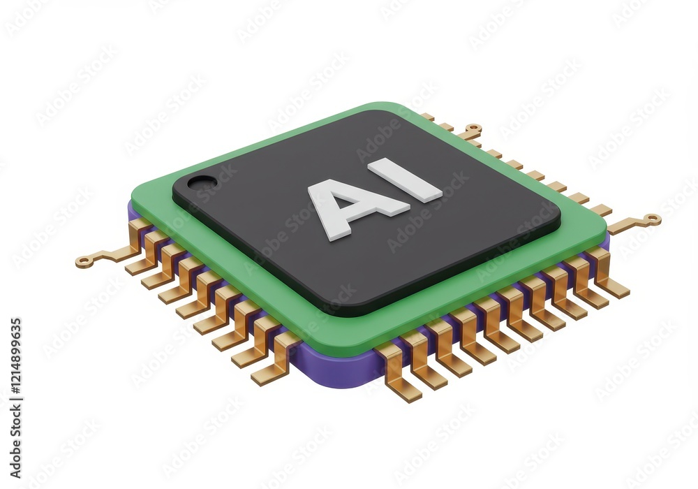 A 3D rendered microchip with a green and purple border featuring a black square in the center with AI embossed in bold white letters A 3D rendered microchip with a green and purple border featuring a black square in the center with AI embossed in bold white letters