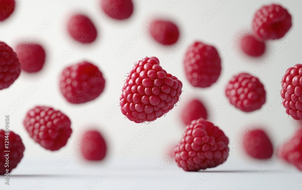 Fresh raspberries floating mid-air on a white background, showcasing vibrant red tones and natural texture in a dynamic composition Fresh raspberries floating mid-air on a white background, showcasing vibrant red tones and natural texture in a dynamic composition