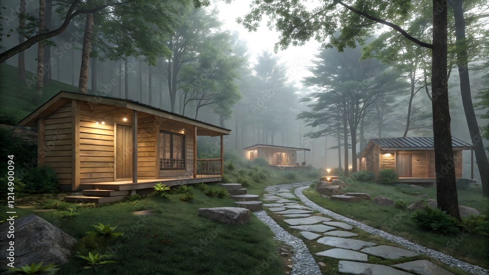 Misty Forest Cabins Peaceful Retreat Stone Path Nature Escape
