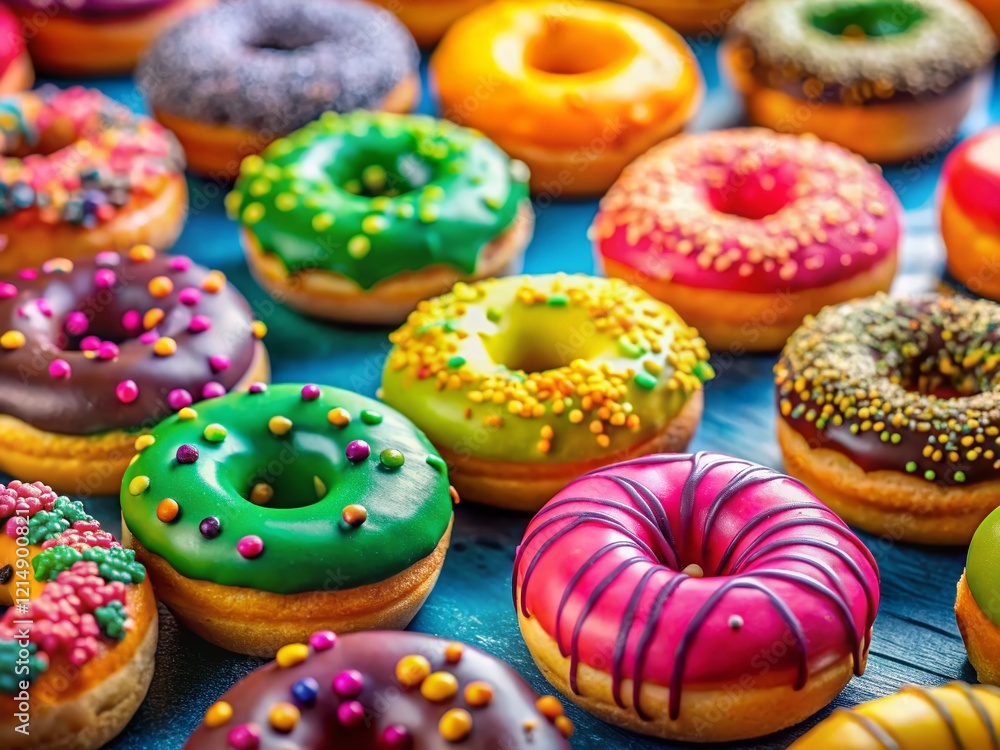 Delicious Glazed Donuts Overhead Shot: Colorful Background, Tilt-Shift Miniature Effect Delicious Glazed Donuts Overhead Shot: Colorful Background, Tilt-Shift Miniature Effect