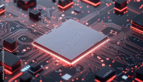 Macro shot of a high-tech circuit board illuminated with blue lights, highlighting its detailed connections and modern electronic pathways