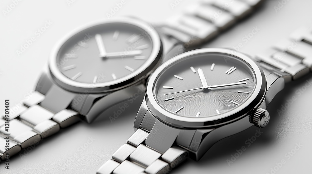 Matching silver wristwatches with minimalist dials, laid side by side with bands unfolded, metallic shine creating elegant contrast against plain white background for a timeless look. Matching silver wristwatches with minimalist dials, laid side by side with bands unfolded, metallic shine creating elegant contrast against plain white background for a timeless look.
