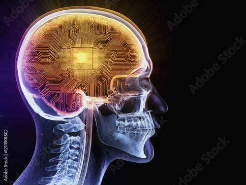 X-ray of Human Skull with Microchip, Exploring Transhumanism and Cyber Future brain