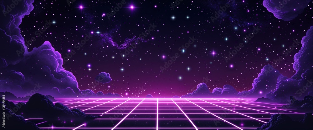 Obraz premium Purple and pink glowing grid floating in a deep black void faint glowing stars illustration background design