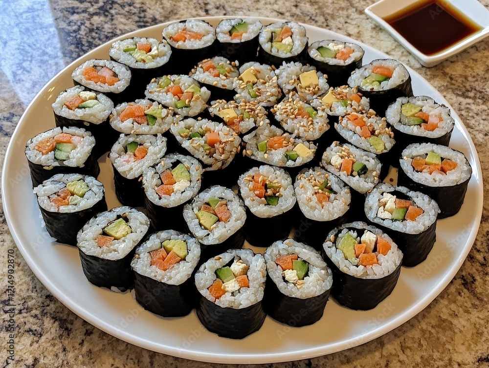 Delicious sushi rolls arrangement kitchen table food photography indoor setting top view culinary art Delicious sushi rolls arrangement kitchen table food photography indoor setting top view culinary art