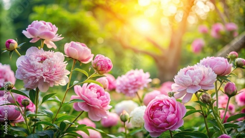 Wallpaper Mural Pastel pink peonies and roses in a lush garden, surrounded by greenery and sunlight filtering through the trees Torontodigital.ca