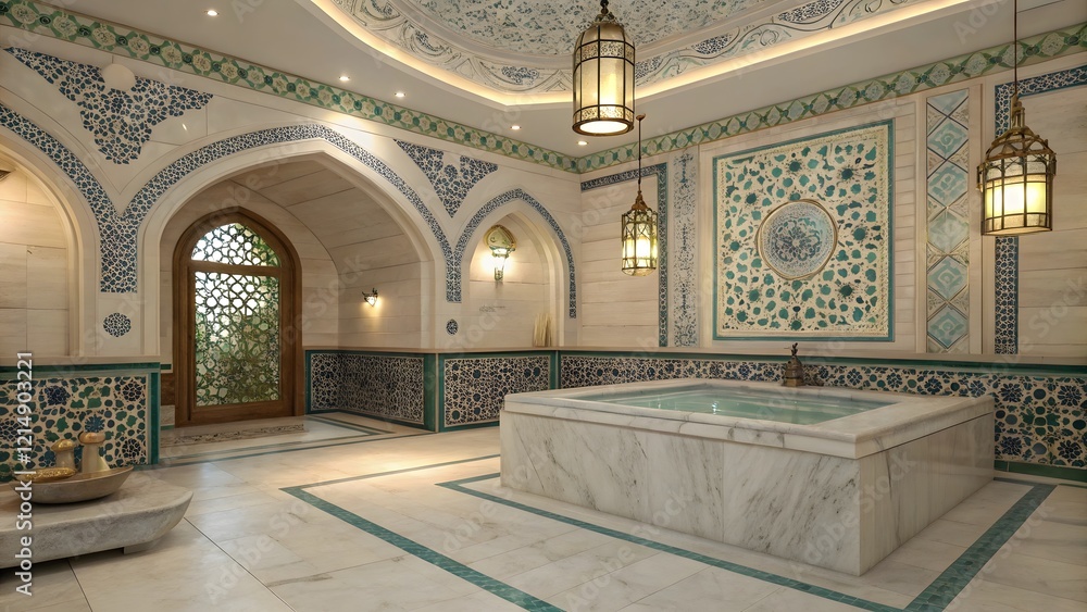Obraz premium Luxurious Hammam Spa Interior Design Marble Tiles and Lanterns