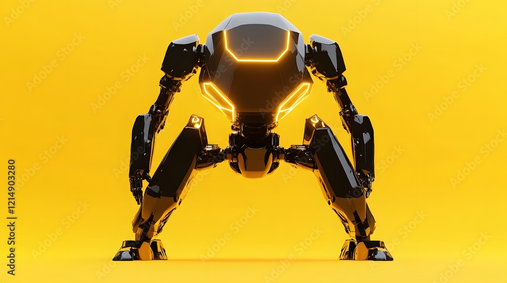 Fototapeta premium Black Robot with Yellow Accents Stands in a Pose