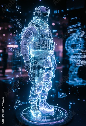 Futuristic Holographic Soldier Displaying Advanced Technology and Equipment