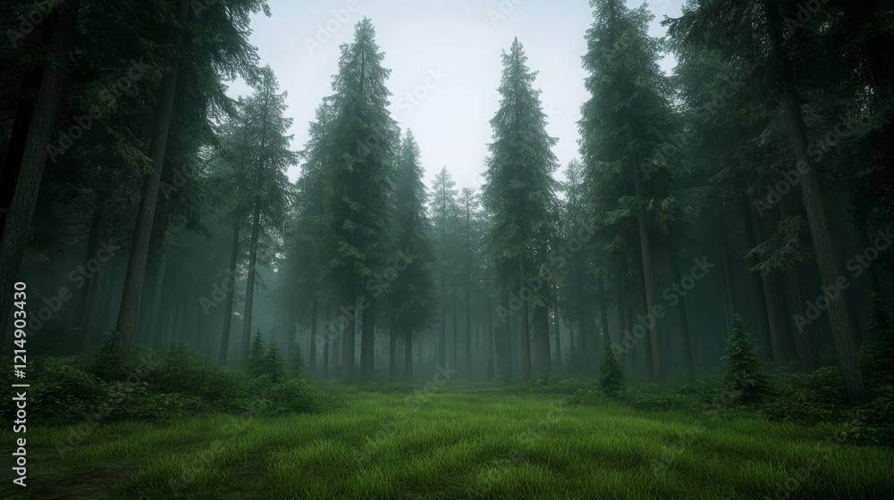 Fototapeta premium misty morning in dense forest with towering trees and lush green grass creates serene and tranquil atmosphere. fog adds mystical touch to landscape