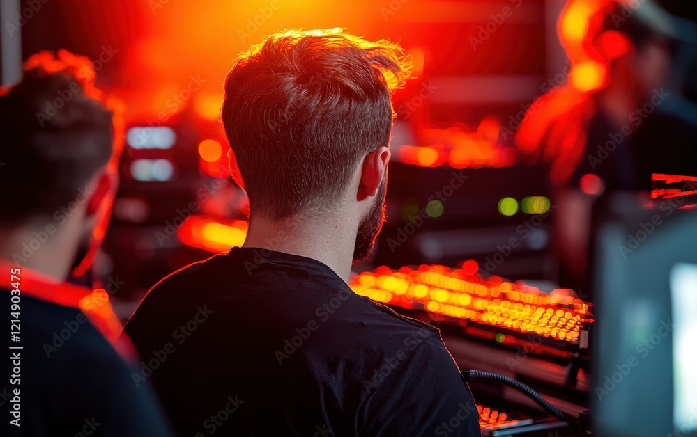 A person with short hair is seen from behind, working at a keyboard in a dimly lit environment with warm orange lighting. A person with short hair is seen from behind, working at a keyboard in a dimly lit environment with warm orange lighting.