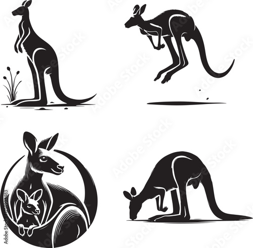  kangroo black and white silhouette, Black-and-White Kangaroo Silhouettes Collection: Dynamic and Graceful Designs in Various Poses,