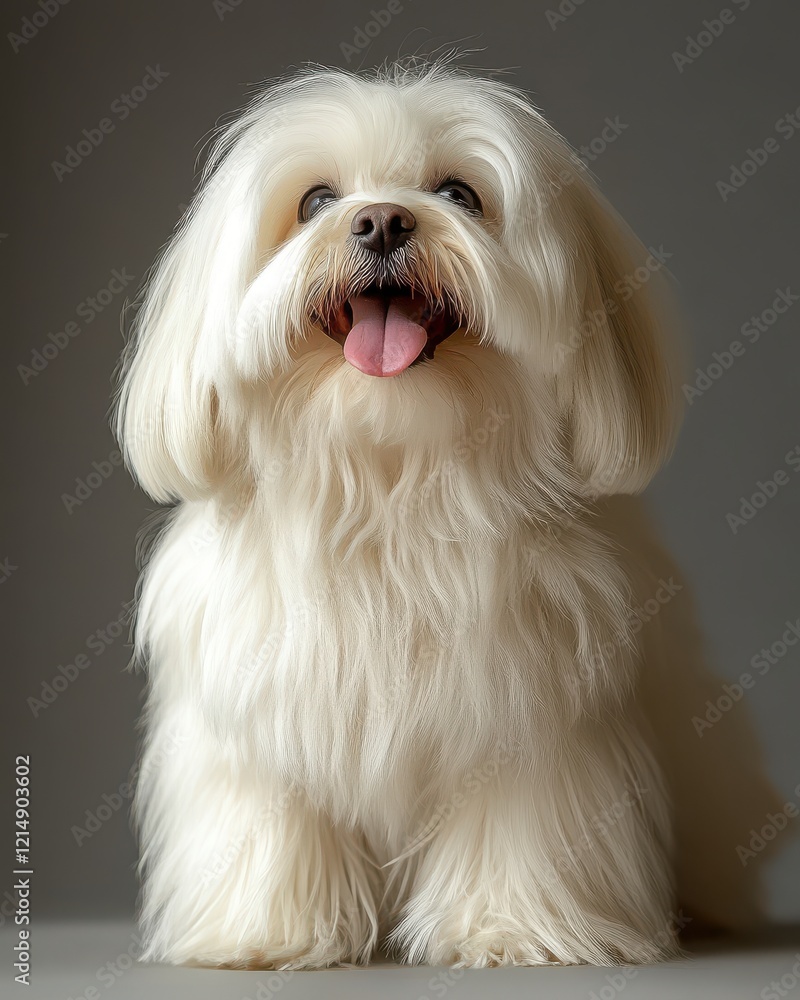 Adorable fluffy white dog sitting calmly against a neutral background, showcasing its charming personality and lively expression with tongue out, perfect for pet lovers and animal enthusiasts. Adorable fluffy white dog sitting calmly against a neutral background, showcasing its charming personality and lively expression with tongue out, perfect for pet lovers and animal enthusiasts.
