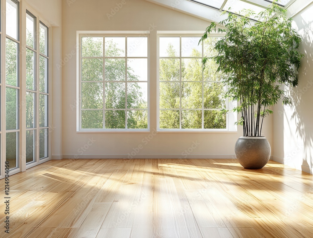 Fototapeta premium A large open room with a large potted plant in the center