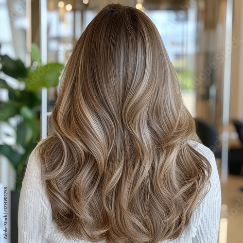 Long, wavy hair cascades down the back, showcasing a blend of light brown and blonde tones in a cozy interior setting.
