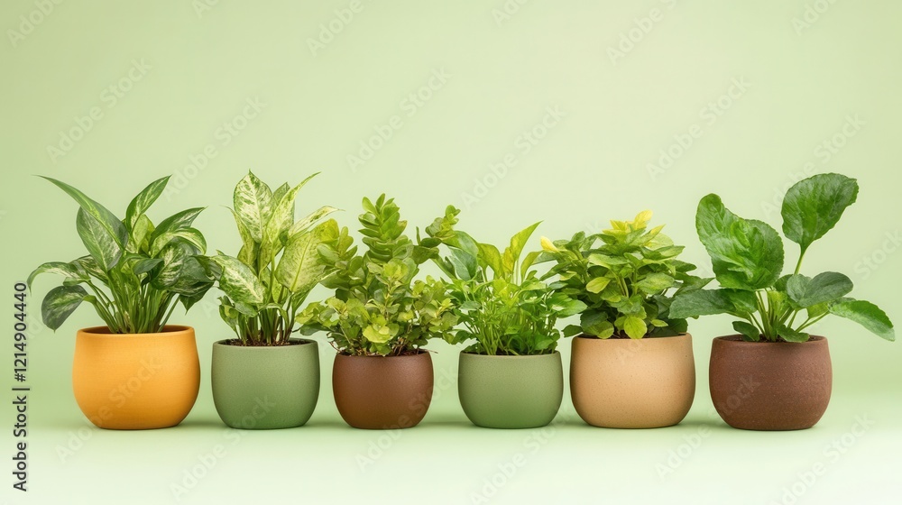 Vibrant Reusable Ceramic Pots with Lush Green Indoor Plants Displayed Vibrant Reusable Ceramic Pots with Lush Green Indoor Plants Displayed