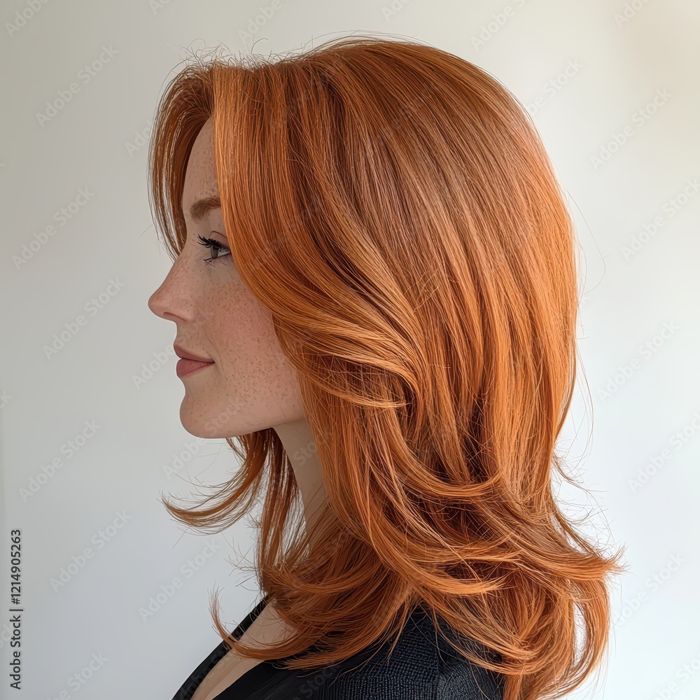 A profile view of a woman with vibrant red hair styled in loose waves against a neutral background. A profile view of a woman with vibrant red hair styled in loose waves against a neutral background.