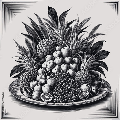 Vintage-style illustration of a tropical fruit composition, suitable for food branding, menus, or exotic-themed designs