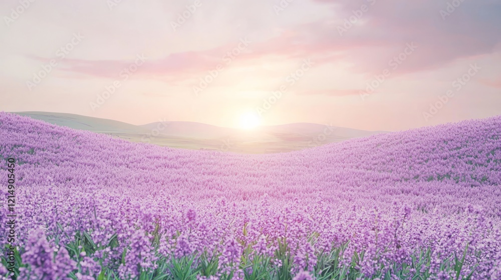 Dreamy Sunrise Over Pastel Lilac Flower Fields on Rolling Hills - Ultra-Detailed Cinematic Image Dreamy Sunrise Over Pastel Lilac Flower Fields on Rolling Hills - Ultra-Detailed Cinematic Image