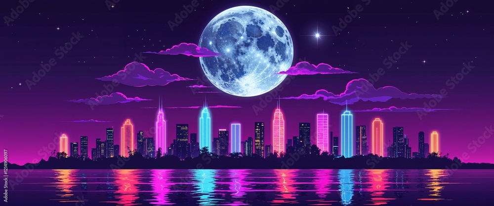 Fototapeta premium Vibrant neon skyline with a large silver moon above dark purple sky illustration background design