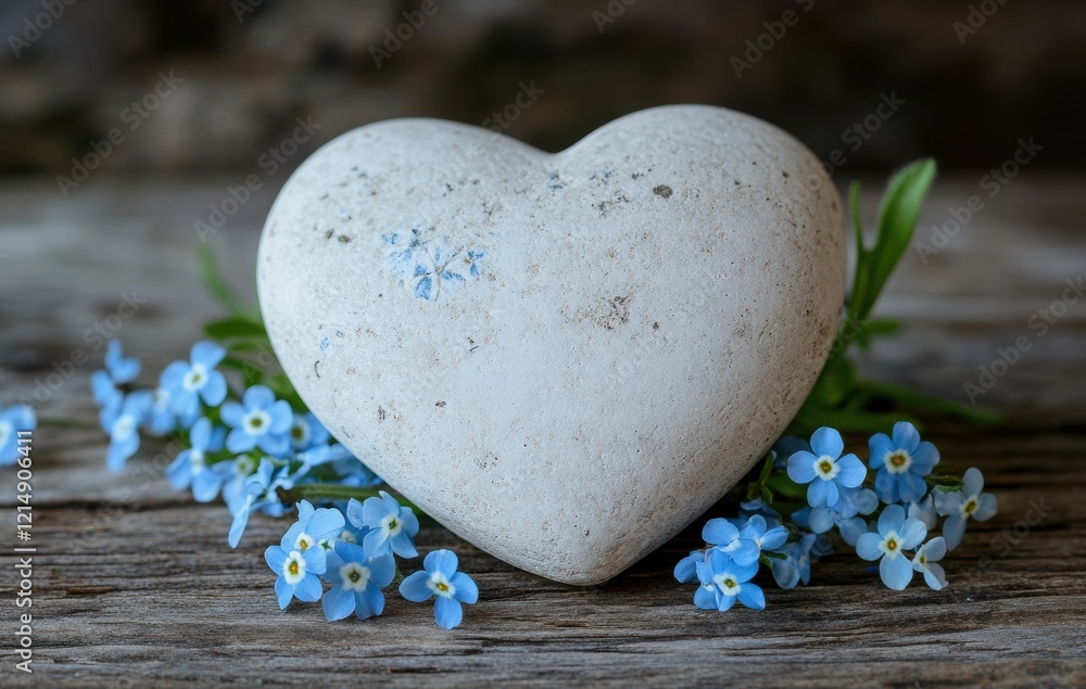 A white heart is placed on a wooden surface with blue flowers surrounding it A white heart is placed on a wooden surface with blue flowers surrounding it