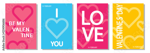 Set of Happy Valentine's Day trendy cards. Modern flat design with geometric icons, hearts, flowers. Mosaic minimalist background, banner, template with simple shapes.