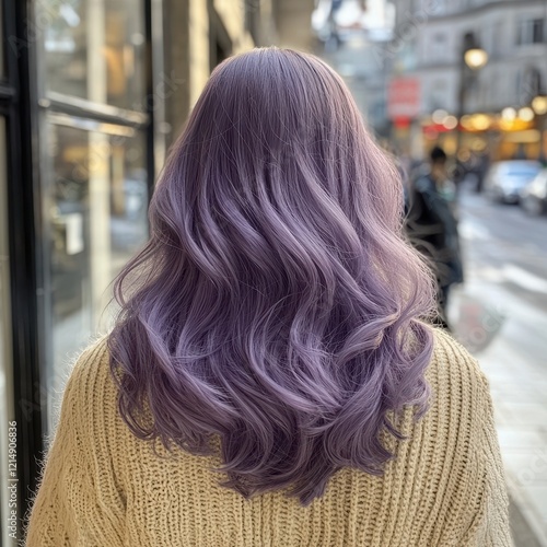 A woman with wavy, lavender hair stands outdoors, wearing a cozy sweater, as city life buzzes in the background.