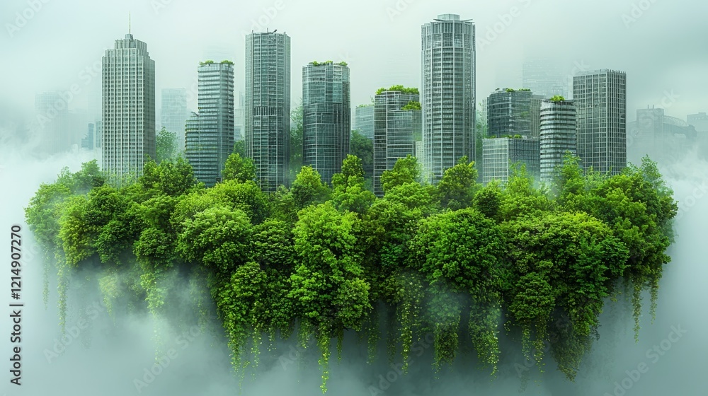 Urban Oasis: Green Nature Embracing Modern Skyscrapers in Misty Cityscape Urban Oasis: Green Nature Embracing Modern Skyscrapers in Misty Cityscape
