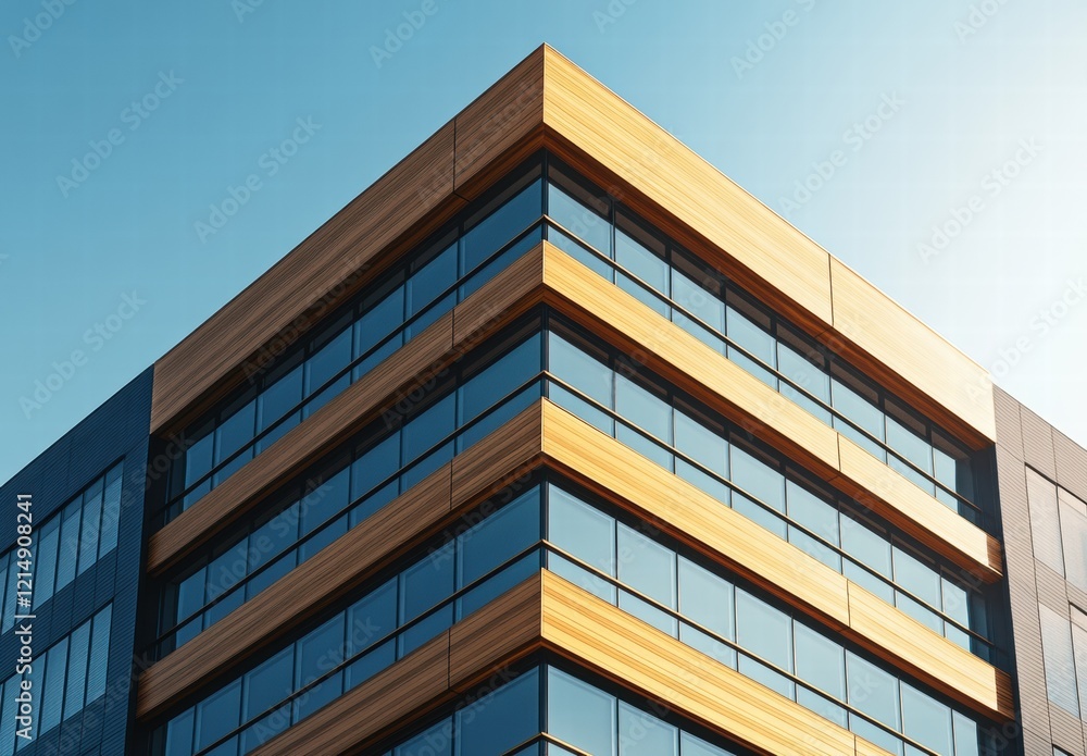 A tall building with a wooden trim and a blue sky in the background A tall building with a wooden trim and a blue sky in the background