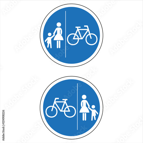 Two round blue traffic signs showing pedestrian lane on one side and bicycle lane on the other, promoting safety and organization