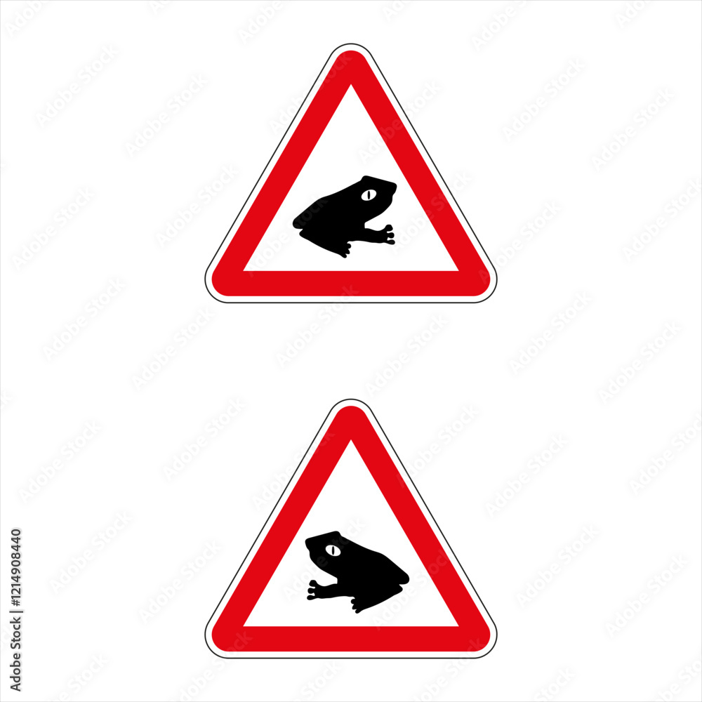 Red triangular traffic sign warning drivers about frogs crossing the road, promoting wildlife conservation and road safety Red triangular traffic sign warning drivers about frogs crossing the road, promoting wildlife conservation and road safety
