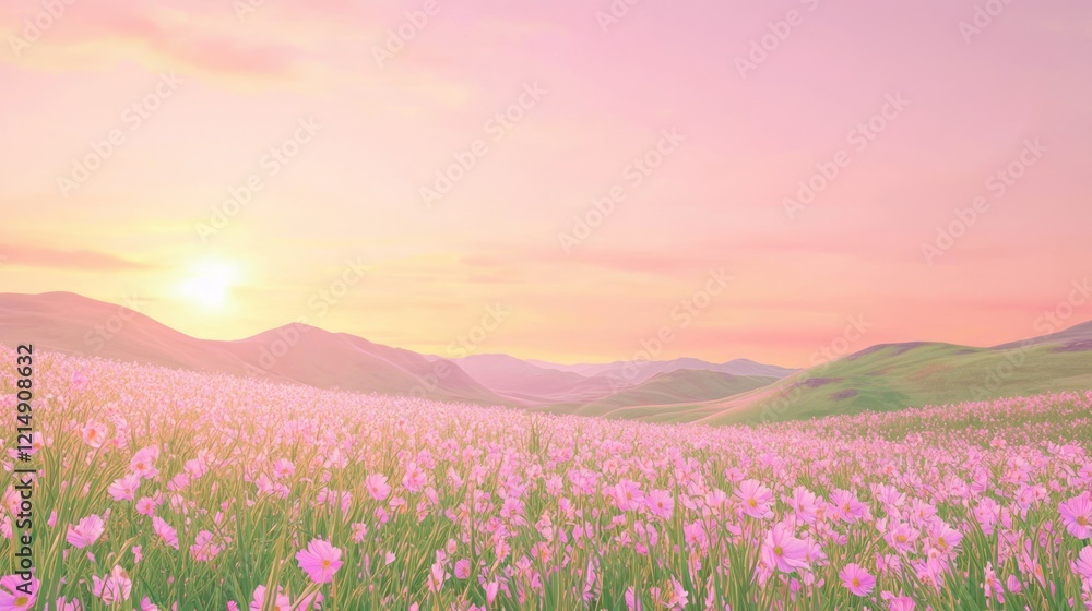 Fototapeta premium Dreamy Sunset Landscape with Huge Pastel Petals in Rolling Fields