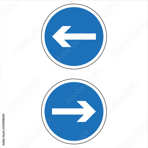 Mandatory direction traffic signs showing left and right white arrows inside blue circles over white background