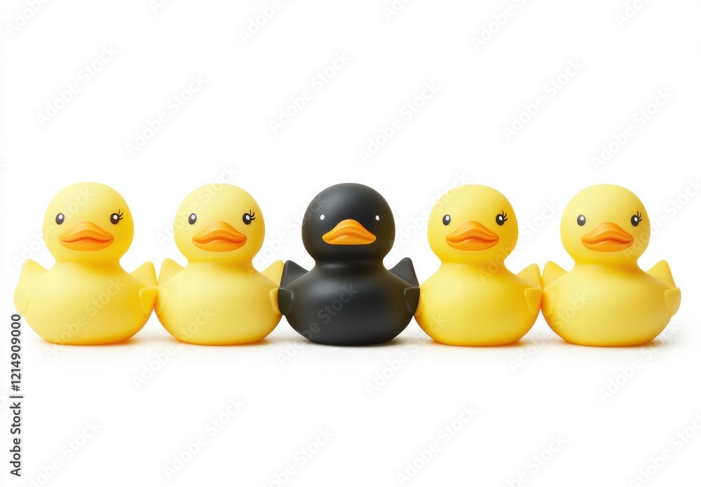 A row of five rubber ducks, one of which is black A row of five rubber ducks, one of which is black