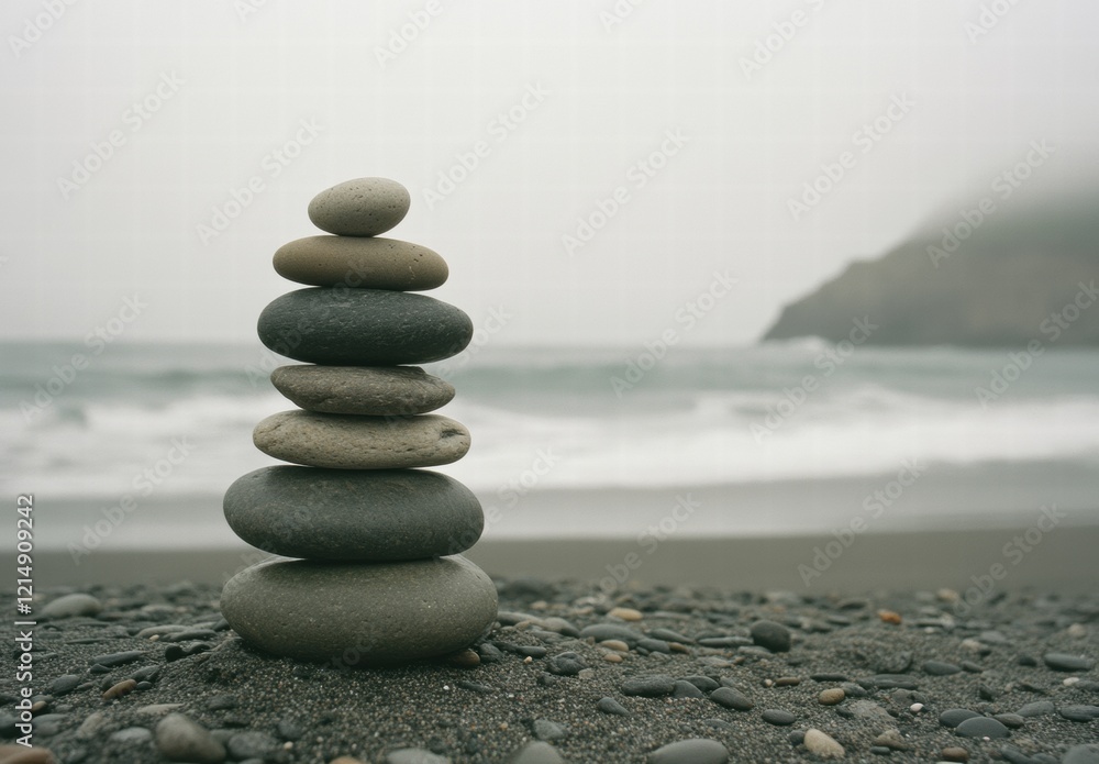 A stack of rocks on a beach with the ocean in the background A stack of rocks on a beach with the ocean in the background