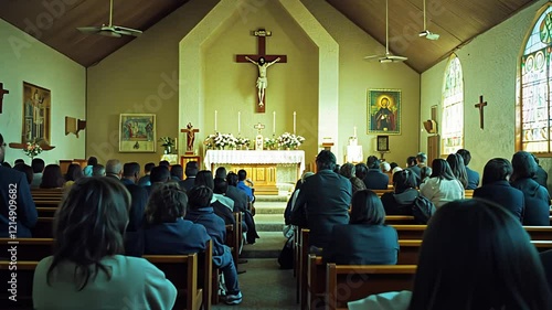 Elegant Church Interior with People Praying and Stylish Furniture