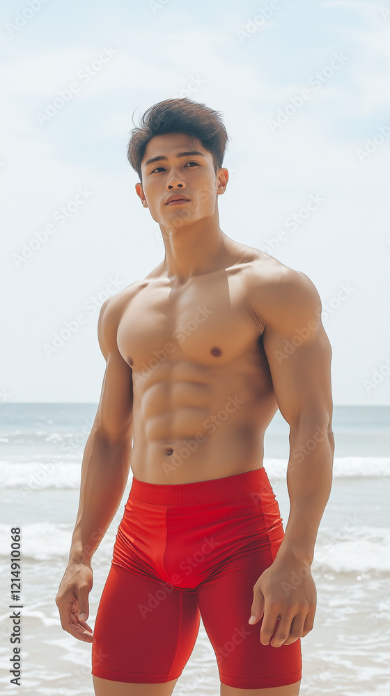 The handsome Asian male in red swimming pant for cerebrate Chinese new year The handsome Asian male in red swimming pant for cerebrate Chinese new year
