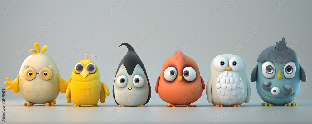 Fototapeta premium Adorable cartoon birds with large eyes posing against a white backdrop