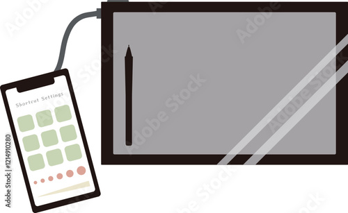 液晶タブレットとスマホを左手デバイスとして使用するイメージイラスト素材