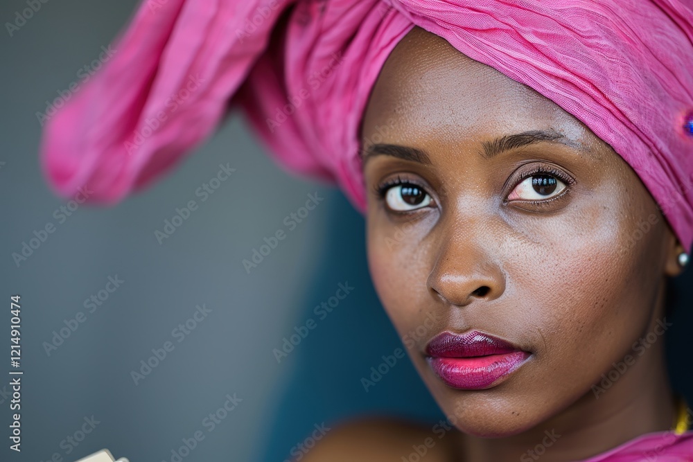 A close-up portrait of a woman wearing a pink head wrap, showcasing her striking features and vibrant lip color against a softly blurred background. A close-up portrait of a woman wearing a pink head wrap, showcasing her striking features and vibrant lip color against a softly blurred background.
