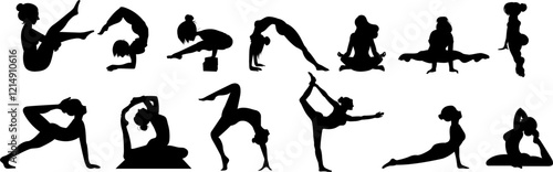 Group of yoga girls postures silhouettes.
