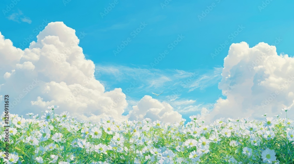 Fototapeta premium Tranquil Oasis: Blue and White Wildflowers in Azure Sky - Serene Nature Scene