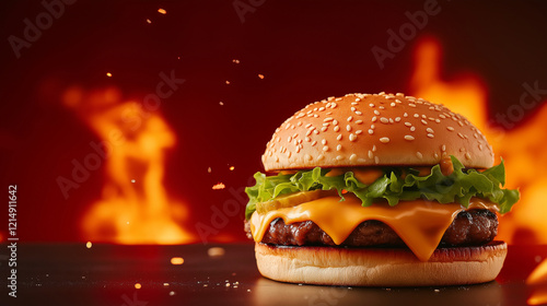 A glossy sesame seed bun enclosing perfectly melted cheddar cheese and fresh lettuce, staged on a fiery red gradient background with bold typography space for a promo banner photo