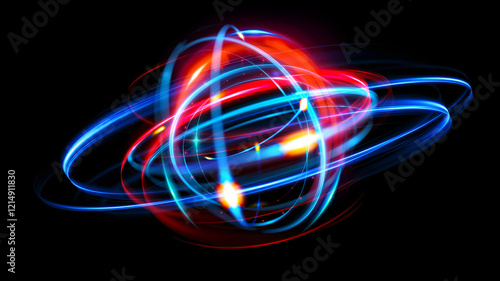 Physical graphic concept of atomic structure. Light ring. Colorful electron particle. .Speed of light. Particle acceleration. Energy particle physics..Energy ball. Science technology. Bright sphere.